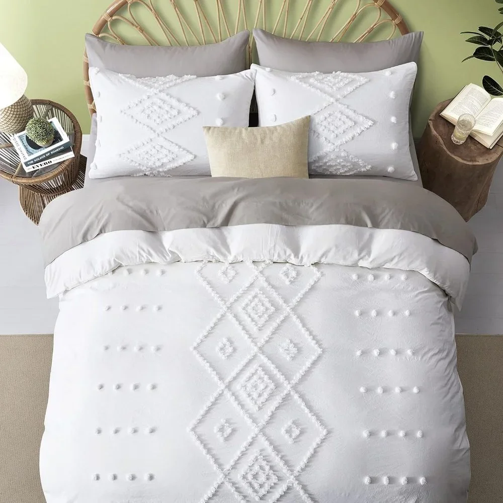 NEW Boho White Tufted Style Jungalow Bohemian Queen 3PC DUVET Cover Bedding SET